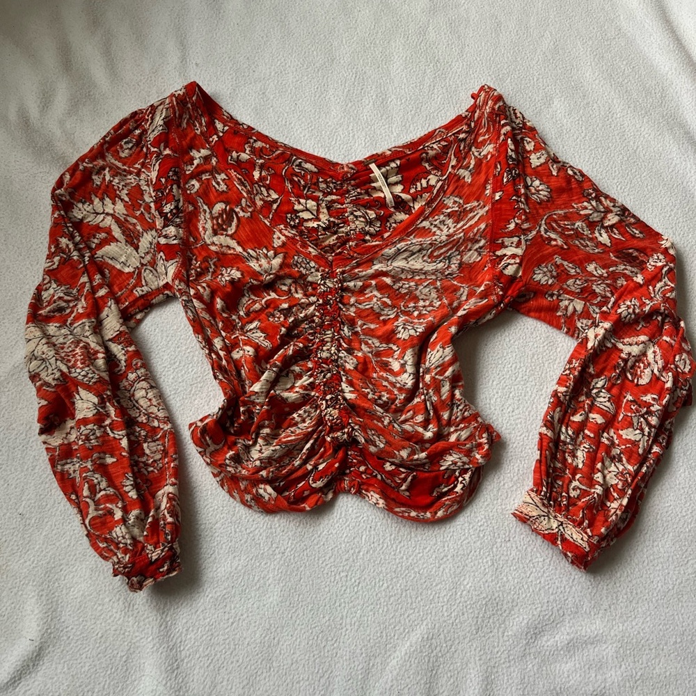Free People Red Floral Ruched Blouse